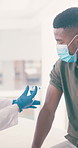 Vaccine, patient or doctor with face mask in hospital, medical appointment or pain for flu immunization. Sore, man or physician with injection for illness prevention, ppe or immune system benefits