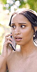 Outdoor, bride or woman with stress for phone call, wedding vendor delay or argue for guests demand. Frustrated, schedule disruption and angry person with mobile for supplier crisis, upset or contact