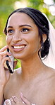 Bride, woman and phone call at park for wedding update, laugh and communication with contact. Outdoor, person and talk with mobile for marriage celebration, funny conversation and joke for connection