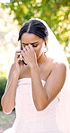 Park, bride or woman with stress for phone call, wedding vendor delay or argument for guests demand. Frustrated, schedule disruption or upset person with mobile for supplier crisis, nature or talking