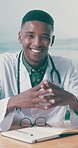 Face, glasses and medical with doctor black man in hospital for agenda, schedule or writing. Review, smile and typing with happy healthcare professional at desk in clinic for online calendar