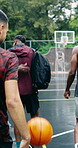 Basketball, men or friends outdoor with start for training or celebrate with players on community court. Group, team and athletes with sports game, communication and practice for wellness and health