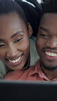 Reading, tablet and couple with laugh in home for bonding, browsing internet and video for connection. Support, happy and black people with tech for movie subscription, watch series and comedy film