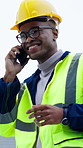 Architect, phone call and man with glasses in city, discussion and planning for property development. Civil engineer, laugh and black person with mobile, communication and project management outdoor