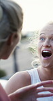 Fitness, cool down and friends in town with laugh, funny conversation or surprised chat with training pause. Happy, wind or women outdoor with break, joke reaction or gossip shock in workout recovery