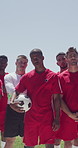Soccer, face and people on field for walking, training and ready for playing game, match or practice. Serious, team and portrait of men with ball for exercise, challenge and fitness for sports club