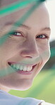 Face, fresh air and happy with woman outdoor in morning for break, me time or wellness. Relax, smile and summer with confident person in nature for character, personality or weekend satisfaction