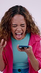 Scream, phone and woman in studio for voice note, communication and frustrated for conversation. White background, shouting and angry person with cellphone for chat, problem and conflict with contact
