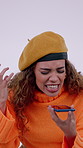 Angry, phone call and woman in studio for loudspeaker, communication and frustrated for conversation. White background, shouting and person on cellphone for chat, screaming and conflict with contact