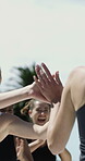 Sports, line up or team outdoor with high five, victory win or celebration applause in weekend match. Fitness, solidarity or players with clap, tournament success or score achievement in competition.