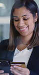 Credit card, smile or woman in office with phone, online payment or sales promo in eft transaction. Easy shopping, happy or employee with tech, digital checkout or debit discount on cashless purchase
