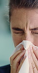 Blowing nose, sick and business woman at work, bacteria infection or allergy with hay fever disease. Tissue, worker and person with flu virus in company, cold symptoms and health risk with sneeze