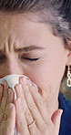 Blowing nose, sick and business woman in office, bacteria infection or allergy with hay fever disease. Tissue, worker and person with flu virus in company, cold symptoms and health risk with sneeze