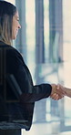 Happy, handshake or business people with deal in office, brand collaboration or marketing partnership. Window, laugh or women with support for audience expansion, shaking hands or agreement meeting