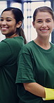 Janitor, women and face in office with team, hygiene service and smile for disinfection. Portrait, about us and cleaner group for sanitation, maintenance and management for wellness or safety