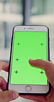 Green screen, hands and person in office with phone for business website, notification or mobile app. Chromakey, mockup space and employee with tech for news, communication or research on internet