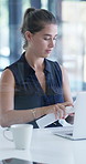Hygiene, businesswoman and clean laptop with spray for dust removal, germ protection or bacteria. Professional, employee and wipe tech with disinfectant for office safety, desk maintenance and policy