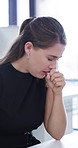 Cough, sick and business woman in office with sore throat, bacteria infection or allergies. Disease, working and person with flu virus in company, cold symptoms and health risk with discomfort