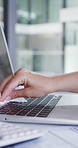 Woman, hands and cleaning in office with laptop, healthy habits and protection from bacteria at work. Person, wipe computer or hygiene in business with tech maintenance, disinfection or safety policy