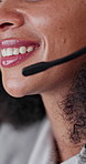 Woman, mouth and consultant with headset in call center for customer service or online advice. Female person, agent or smile with mic for virtual assistance, help or remote support in workplace