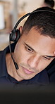 Man, agent or headache with headset in call center for customer service, mistake or strain. Male person, consultant or migraine with stress or mic for virtual assistance or pressure in workplace
