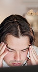 Man, headache and agent with headset or stress in call center for customer service or mistake. Male person, frustrated consultant or migraine with mic for virtual assistance or pressure in workplace