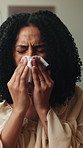 Sick, woman and blowing nose with tissue for influenza, sinus allergy or hayfever in home. Female person, cold or flu with toilet paper, virus or illness for bacteria, germs or infection in house