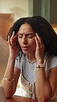 Headache, laptop and remote work with woman in home for burnout, deadline or pressure. Anxiety, computer and tension with freelance employee in apartment for agenda, calendar or schedule mistake