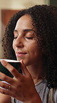Happy, woman and smell coffee in home for nostalgic memory, peaceful me time and weekend break. Relax, thinking and person with beverage aroma in house for soothing bliss, reflection and calm morning