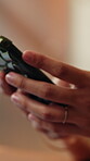 Digital, texting and hands with phone, online communication and post reaction on social media app. Space, typing and woman with technology, message notification or chatting on virtual platform.