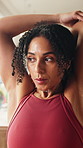 Fitness, woman and stretching arms in home with exercise preparation, holistic health and wellness. Active, female person and warm up in house with self care, vitality and getting ready for training.