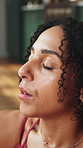 Yoga, breathing or woman in house with meditation, calm practice or mindfulness in wellness activity. Peace, healing or person with eyes closed, zen or mindset improvement for holistic health.