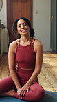 Face, woman and smile in home for yoga, fitness and break from holistic training in lounge. Portrait, female person and rest at house with happiness, positive attitude and sweating from yogi wellness