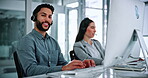 Face, computer and businessman with headset in call center, laughing and confident for career growth. Coworking, business and happy people with tech for lead generation, online and typing sales offer