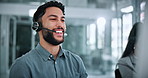 Headset, customer service and businessman with computer in office for help desk, crm or online consultation. Mic, technology and male call center agent with technical support on omnichannel system.