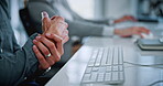 Hands, computer and employee with wrist pain in office, coworking and overworked with muscle tension. Business, pressure and person with injury after work accident, strain and typing on keyboard