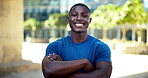 Face, athlete and black man with arms crossed outdoor for fitness, exercise and cardio for health. Portrait, smile and runner in city with confidence, sports training and morning routine for wellness
