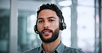 Video call, face and man with headset in business, talking and communication with contact on website. Telemarketing, pov and person with mic for lead generation, portrait and consultation in office
