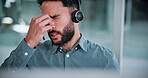 Computer, agent and headache of eye strain in call center for difficult client, burnout and tired. Customer service, headset or man with tension migraine for technical issue, vision fatigue or stress