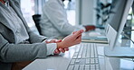 Hands, keyboard and employee with wrist pain in office, coworking and overworked with muscle tension. Business, pressure and person with injury after work accident, strain and typing on computer
