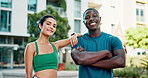 Fitness, interracial couple and smile in city for confidence, progress and support for wellness. Man, woman and arms crossed in urban town for exercise, portrait and happy for health and development
