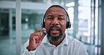 Virtual meeting, face and man with headset in business, talking or communication with contact on web. Telemarketing, pov and mature black person with mic for lead generation, portrait and video call
