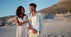 Hug, black couple and walk on vacation at beach for honeymoon trip, conversation and bonding. Support, happy people and embrace at seaside for romantic stroll, summer holiday and anniversary getaway