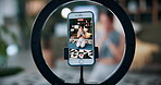 Meditation, live stream and phone screen with woman in home for fitness influencer, health guide and yoga. Exercise instructor, wellness and social media with person in house for content creation