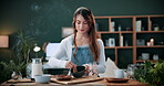 Matcha, health and whisk with woman in home for green tea, wellness and organic beverage. Antioxidant drink, traditional  preparation and detox with person in living room of apartment for culture