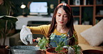 Soil, plant and woman in home for gardening, fertilizer and maintenance for agriculture. Botanist, leaves and female person in lounge with houseplant, botanical and spade with compost for leaf growth