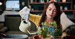 Gardening, woman and water plants in home for natural growth, healthy development or sustainability. Gardener, person or soil hydration with can for houseplant care, horticulture hobby or maintenance