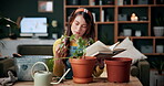 Book, worry and plants with woman in home for gardening, reading or horticulture hobby. Eco friendly, leaf disease check or growth with person in living room of house for botanical maintenance 