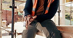 Construction site, hand and wrist pain with injury for building, renovation and civil engineering mistake. Contractor man, burnout and accident with industrial issue, architecture or maintenance