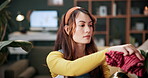 Dust, wipe and leaf with woman in home for gardening, cleaning or horticulture hobby. Eco friendly, plant pest prevention or growth with person in living room of house for botanical maintenance 